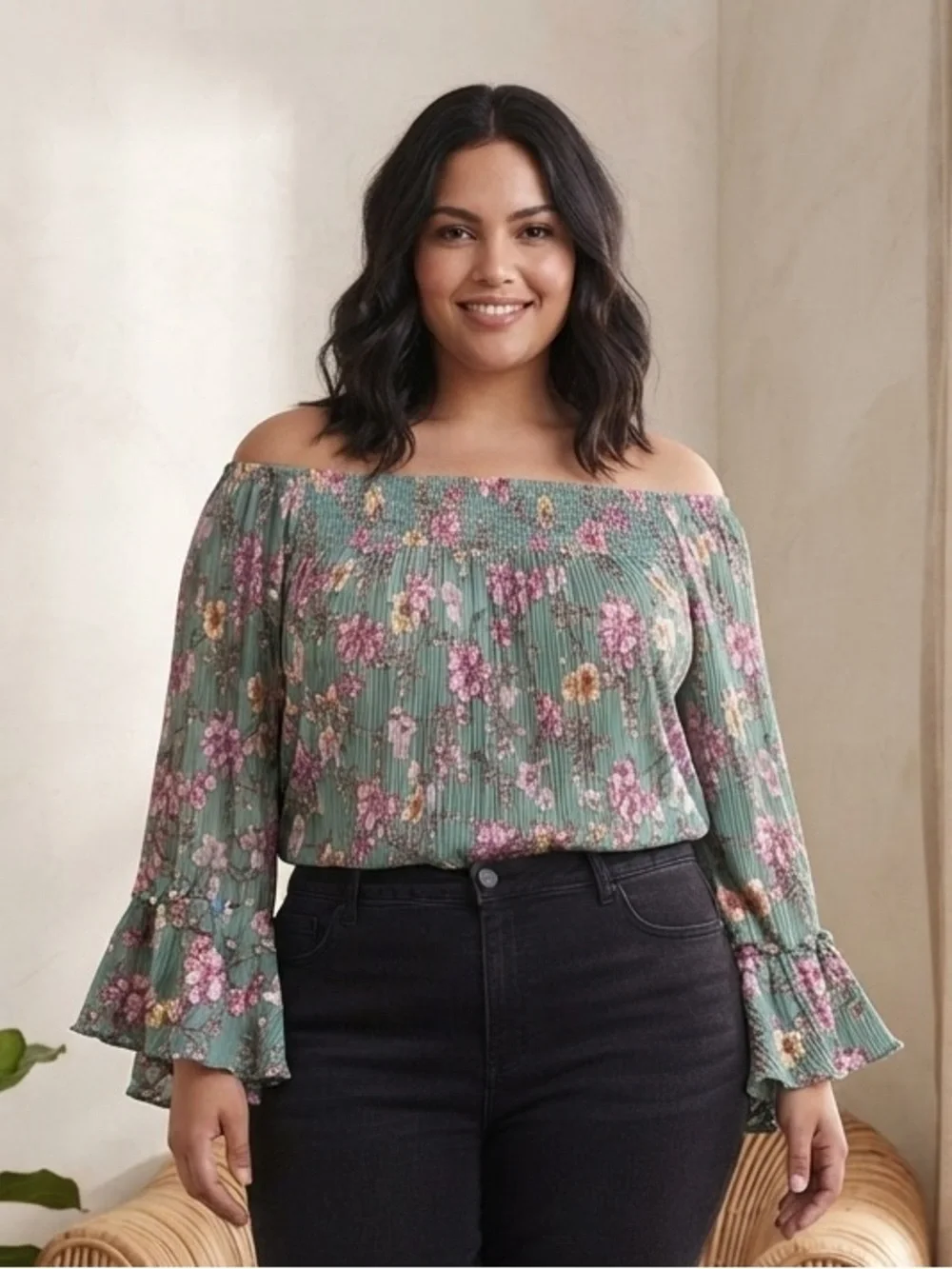 Take 50% OFF-Cato Floral Off-Shoulder A-Line Skirt in Sage Pink Flowers,Size-22W